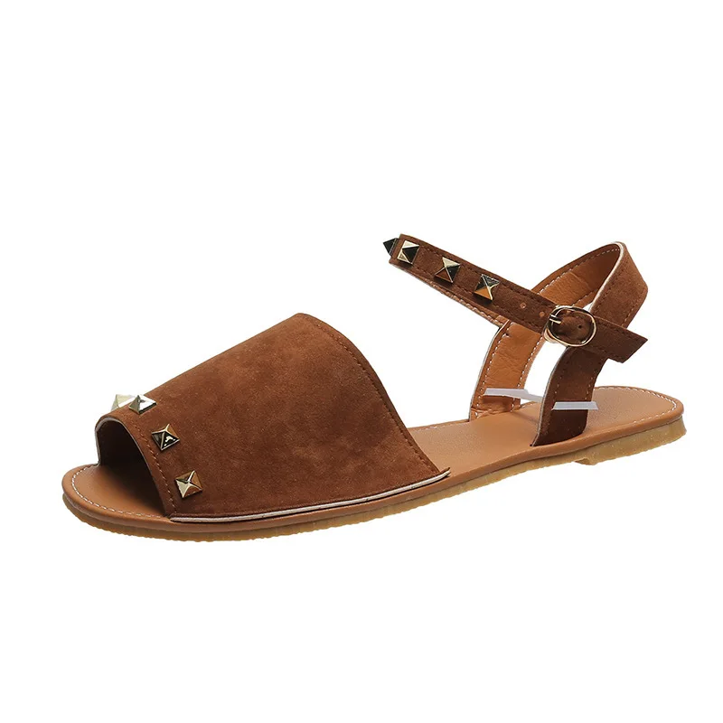 

Ladies Sandals European and American Fashion One Word Buckle Strap Outside Wear Fish Mouth Sandals Leather Gladiator Sandals