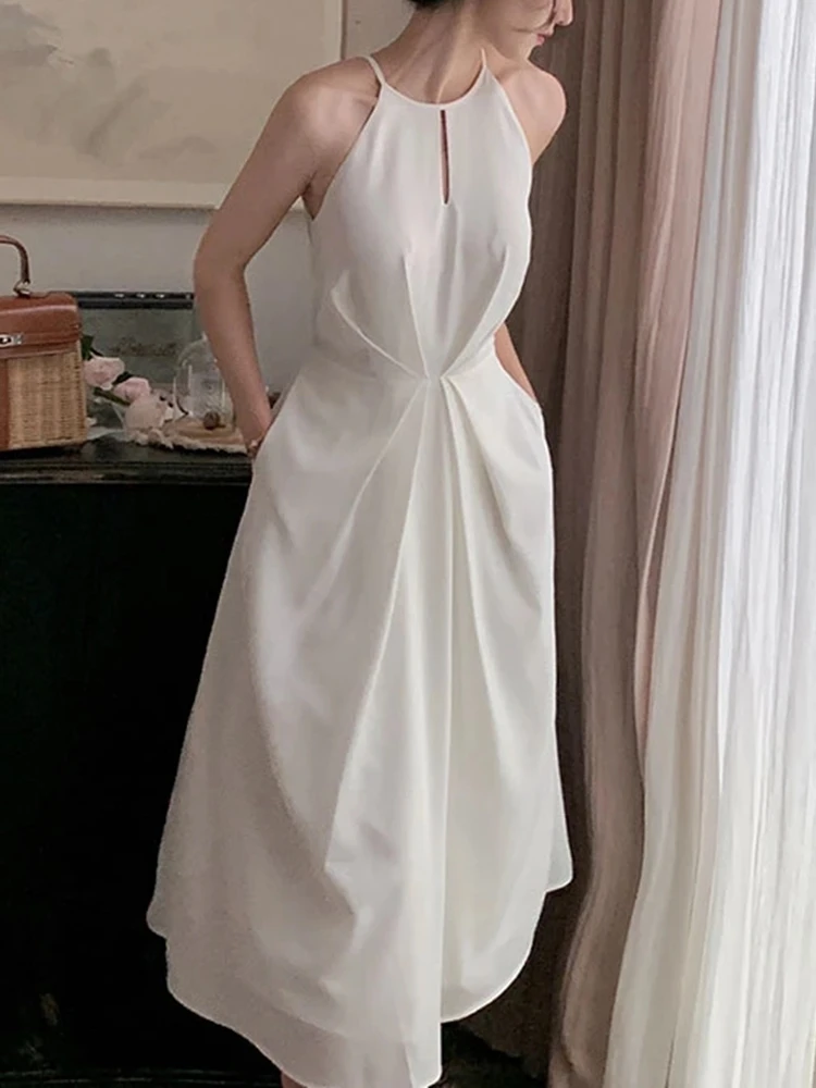 

Женское платье средней длины без рукавов, Элегантное повседневное платье во французском стиле на бретелях-спагетти, вечернее праздвечерни...