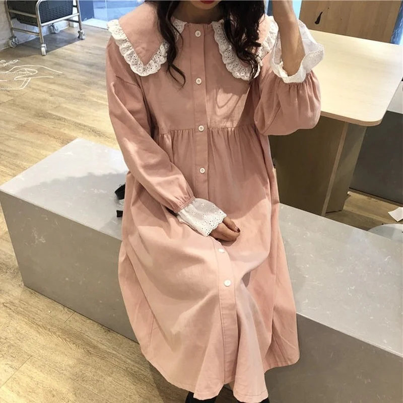 

2022 Soft Girl Kawaii Midi Dress Women Preppy Style Peter Pan Collar College Lace Long Sleeve Robes Female Korean Loose Dresses