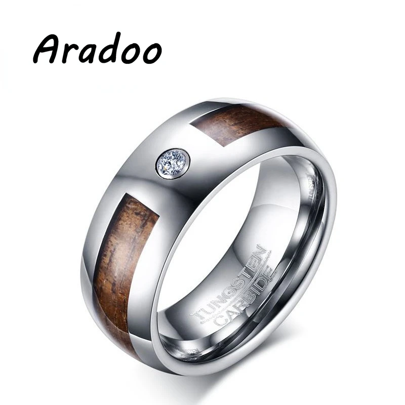 

ARADOO Retro Style 8MM Tungsten Steel Micro-set Zircon Wood Grain Ring Single Zircon All-match Sports Ring