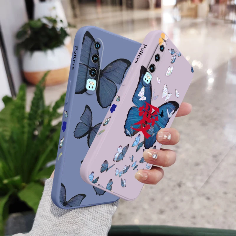 Blue Beautiful Butterfly Phone Case For Huawei Y9S Y9A Y9 Y6 Nova Y70 9 8 P50 P40 P30 P20 Pro Lite E 5G Liquid Left Rope