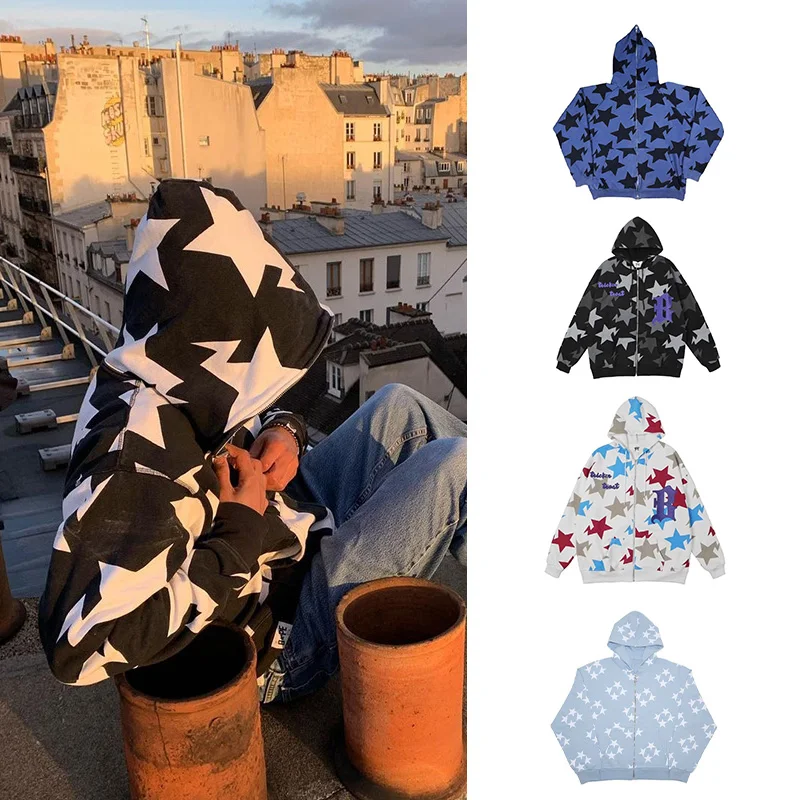 

Oversized full zip up over face Y2k Spark Star Hoodies Men Coat Harajuku Trend Trend Loose Y2k Clothes Goth Punk Jacket