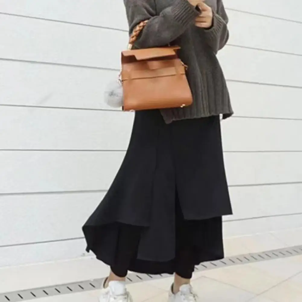 

Stylish Windproof Leggings Skirt Irregular Split Hem Women Fake Two Piece Fleece Lining Maxi Skort Versatile