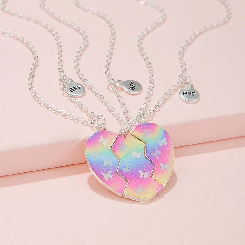 

3Pcs/set Rainbow Butterfly Glitter Peach Heart Pendant for 3 Girls Besties Friendship BFF Necklaces Best Friend Jewelry Gifts