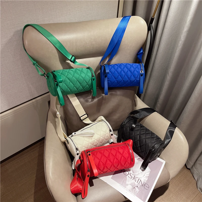 

Color Cylindrical Crossbody Bags For Women 2021 Fashion small single-Shoulder bag Lady Nylon lattice purses and handbags