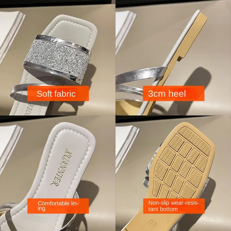 Shoes for Women 2023 Hot Sale Basic Women's Slippers Summer Square Toe Sequin Women Sandals Outdoor Beach Slippers Zapatos Mujer