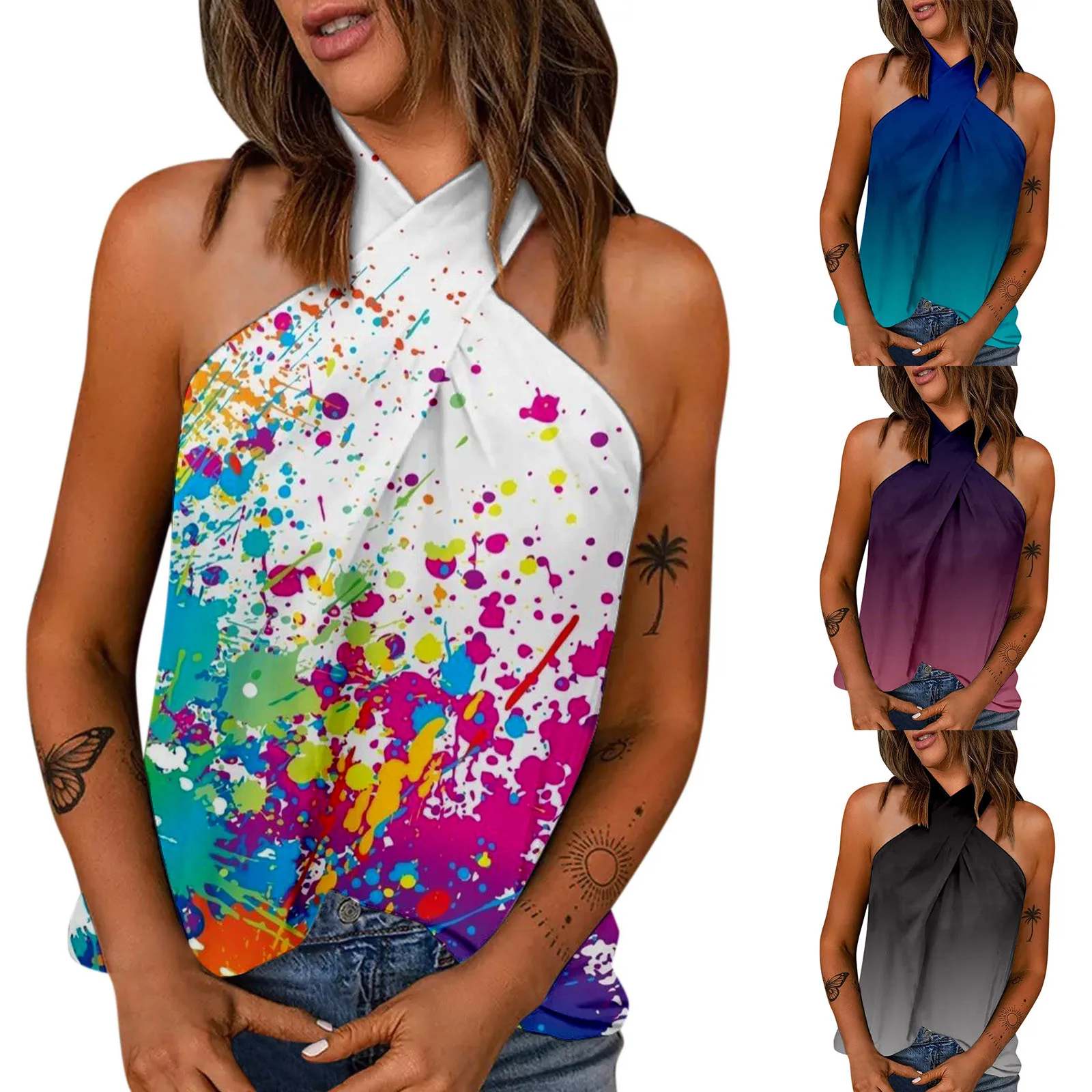 

Women's Summer Sexy Tank Top Slim Fit Halter Fashion Print Sleeveless Top Deep V Tops for Women Foam Star