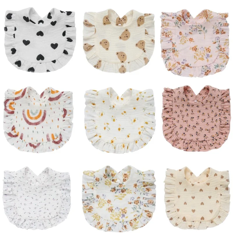 

Baby Feeding Drool Bib Ruffle Floral Infants Soft Cotton Gauze Print Baby Bibs Bandana Scarf 360 Degree Flower Shape Feeding