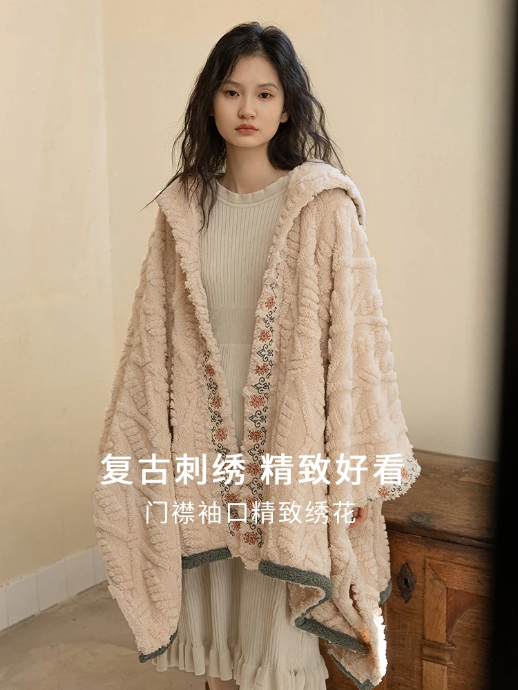 Pajamas Women's Winter Coral Fleece Cloak Lunch Break Cloak Thickened Outerwear Nightgown Mid-Length Homewear