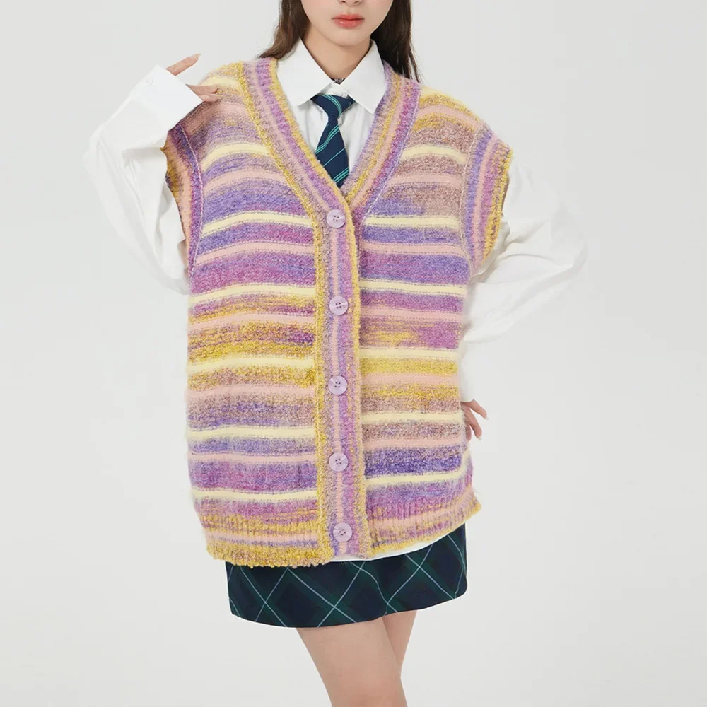 Полосатый кардиган с цветными блоками вязаный жилет женский осенне-зимний