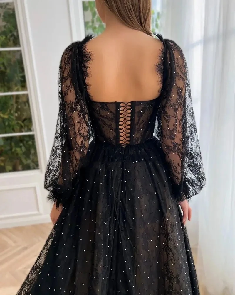 

Dotted Tulle Prom Long Sleeves A-Line Arabic Lace Evening Gowns Tulle Celebrity Party Dresses Robe De Soiréeفساتين السهرة