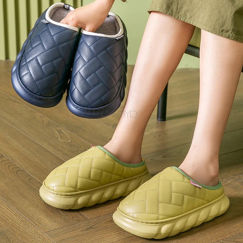 Women Leather Slippers Home Platform Gingham Women Winter Slippers Fashion Concise Solid Female Shoes Indoor Couple Warm Elegant