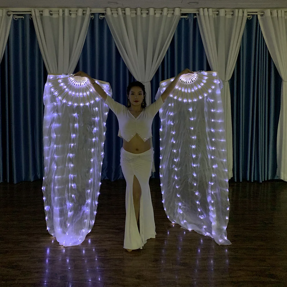

New White 1 Pair LED Fan Veils Belly Dance Silk Fan Dancing Veil Glow Praise LED Light Up Show