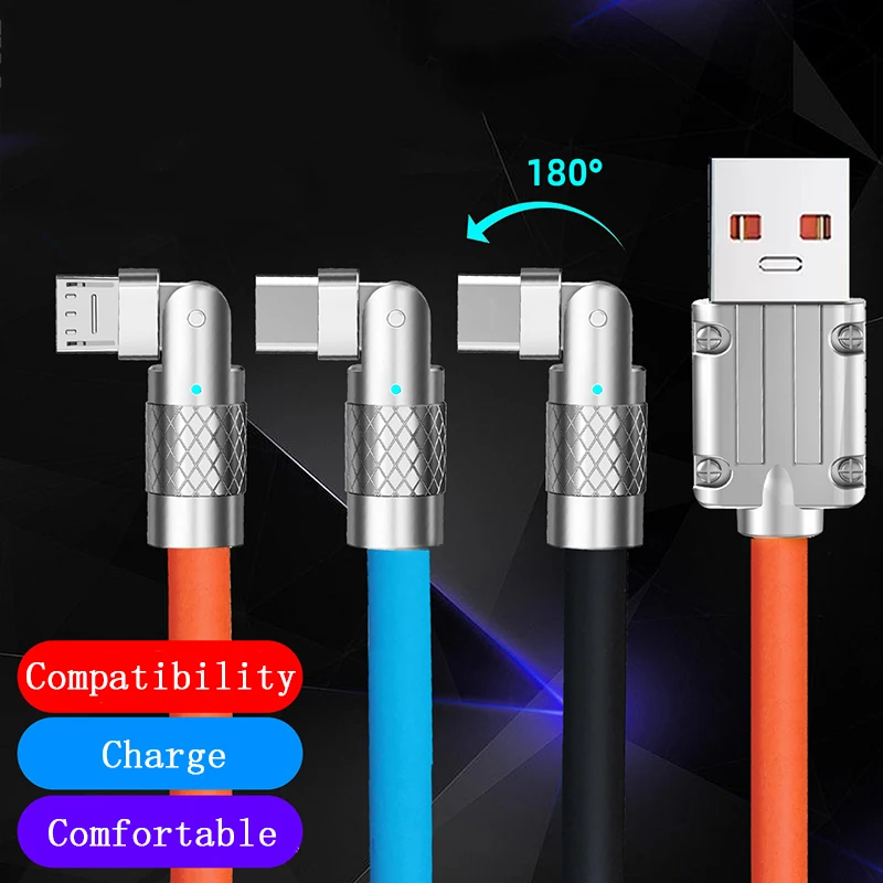 

120W 6A Super Charge Cable TypeC Quick Charge Liquid Silicone Data Cable Type C Interface 180° Rotatable Cord for Samsung iPhone