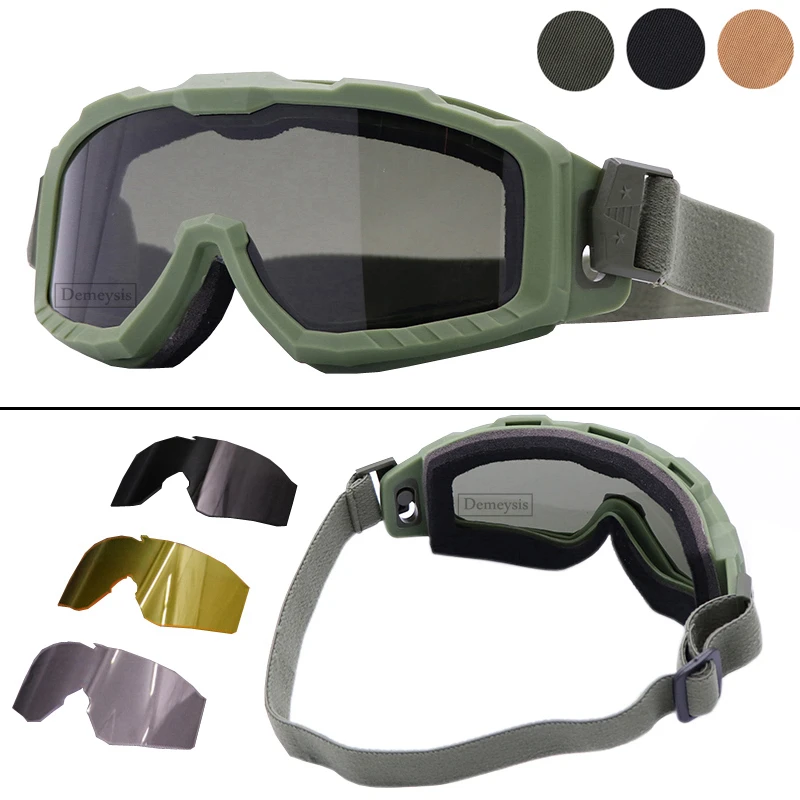 Tactical Goggles with 3 Interchangeable Len Anti Fog Airsoft Paintball Hunting Hiking Glasses CS Wargame Safety Military Goggles