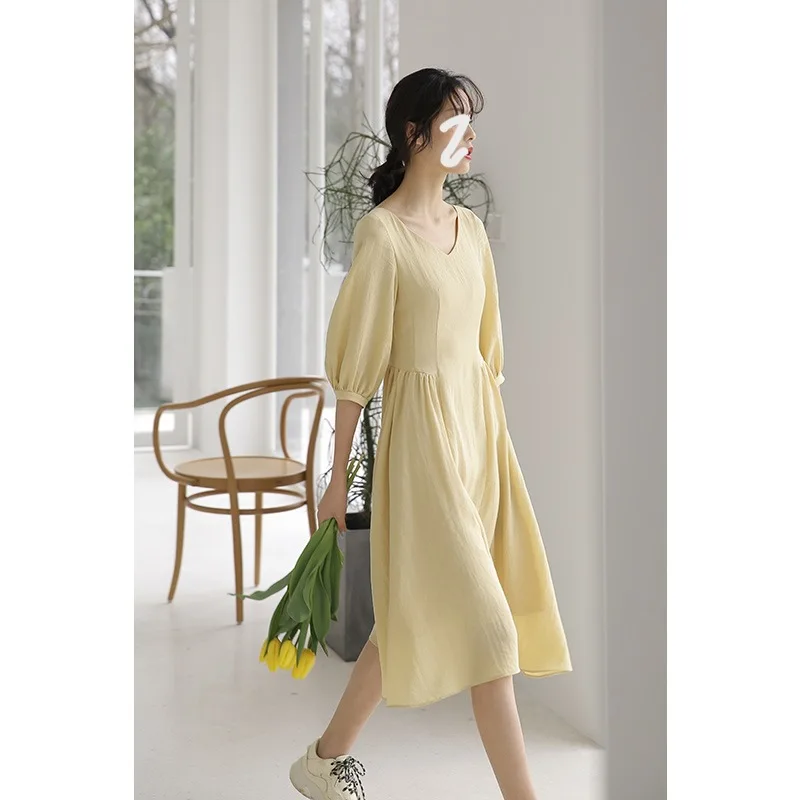 ZCSMLL Yellow V-Neck Dress Summer French Light Yellow Long Vestido At Away Princess Niche Temperament Dress 2022 Korean