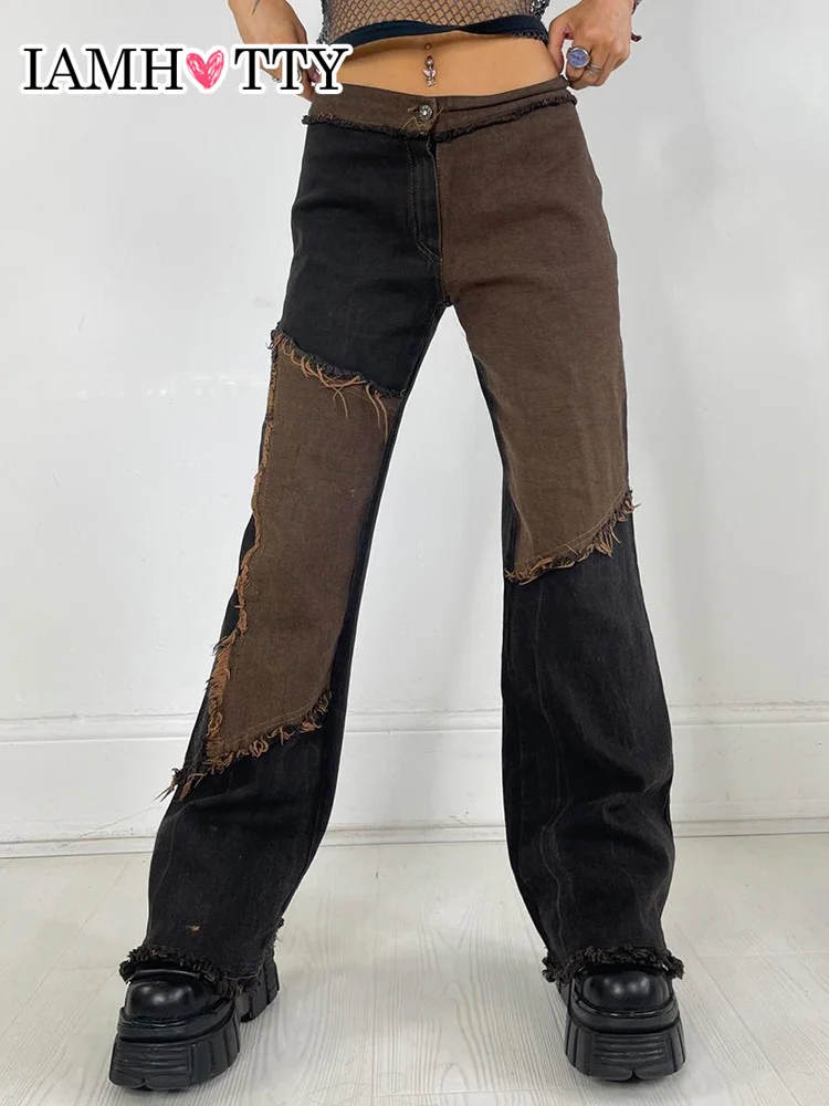 

IAMHOTTY Do Old Ripped Patchwork Straight Y2K Jeans Fairycore Grunge Denim Cargo Pants High Waist Baggy Vintage Streetwear Women