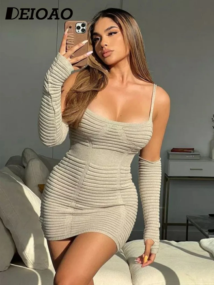 

Женское облегающее пляжное мини-платье Deioao, однотонное трикотажное обтягивающее платье в полоску с круглым вырезом, 2023