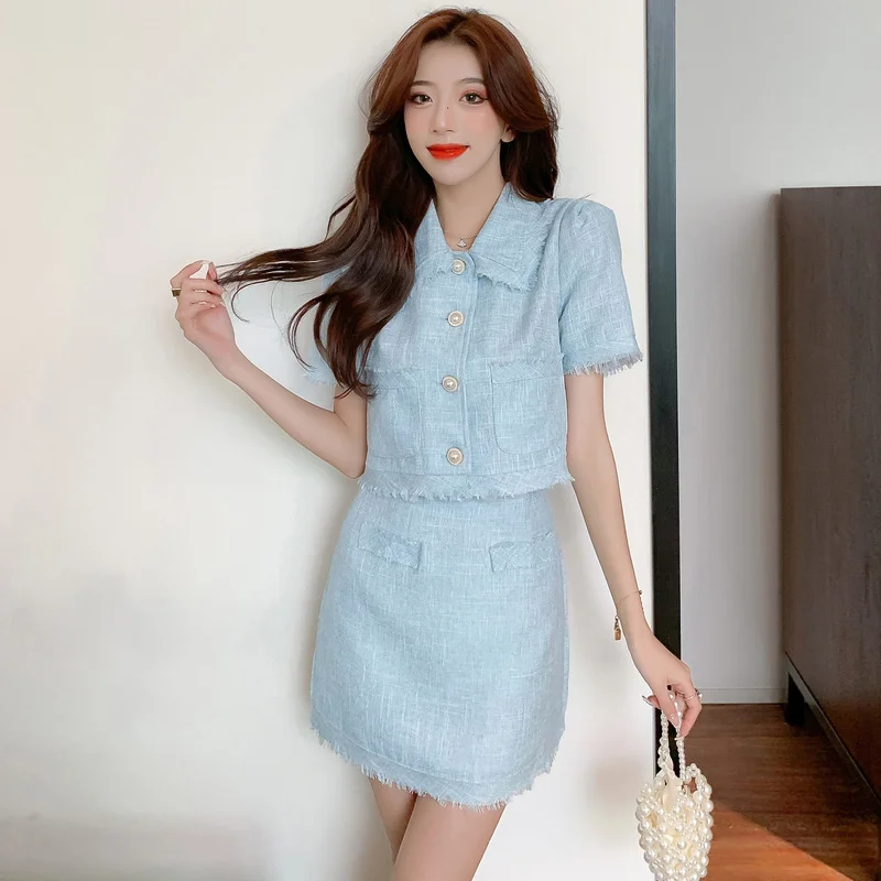 

Summer New Blue Tweed Two Piece Suit Women Turn Down Collar Short Jacket Coat+High Waist Pencil Skirt Set Casual Woolen Suit