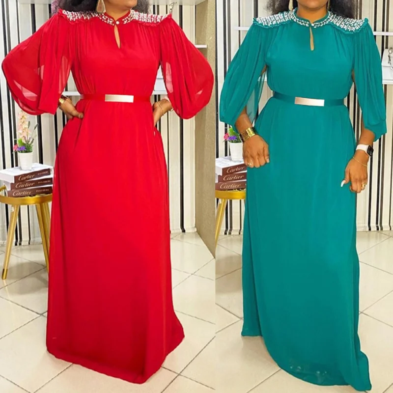 

African Evening Dresses For Women Beads Chiffon Long Robe Muslim Kaftan Abaya Ankara Dashiki Party Gown Tenue Africaine Femme