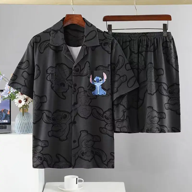 Man Large Size Pajamas Set Japanese Style Summer Thin Pyjama Anime Cartoon Mouse Bear Cute Sleepwear Room Suit for Young Men Ins