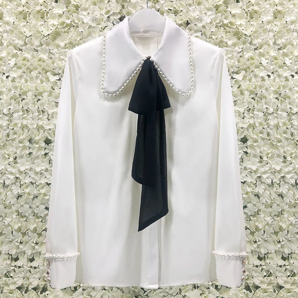 2022 Spring France Style Women's High Quality Beading Sweet Bowtie Shirt Tops C737