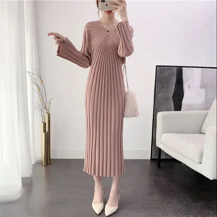 

2022 New Straight Slim Autumn and Winter Long Over-The-Knee Knitted Dress Loose V-collar Sweater Skirt for Women Hot T226