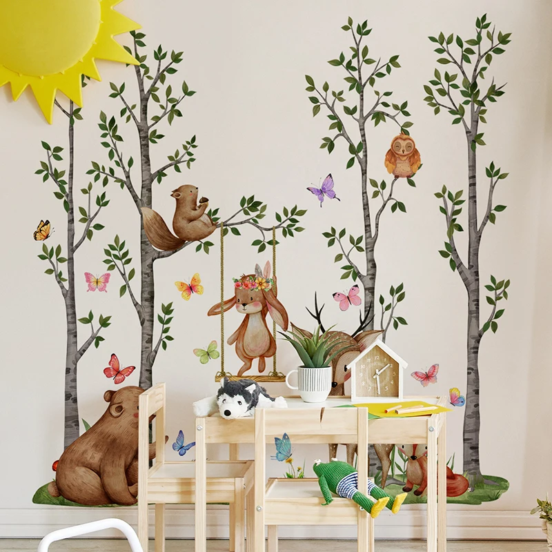 Новые лесные животные дерево настенные наклейки медведь лиса олень для детей