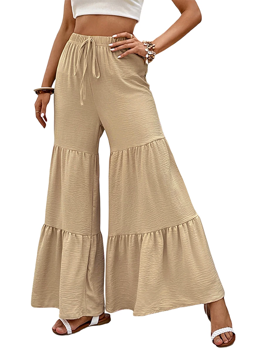 

YILEEGOO Women’s Wide Leg Flare Pants Elastic High Waist Flowy Palazzo Pants Casual Bell-Bottoms