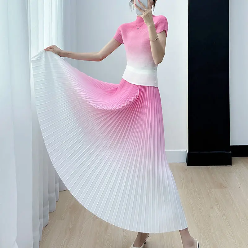 Женская плиссированная юбка с градиентом и облегающий плиссированный топ