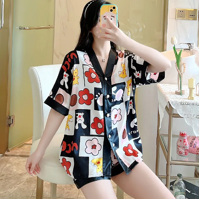 New style pajamas women's ice silk V-neck cardigan, short-sleeved shorts suit, oversized household clothes women
