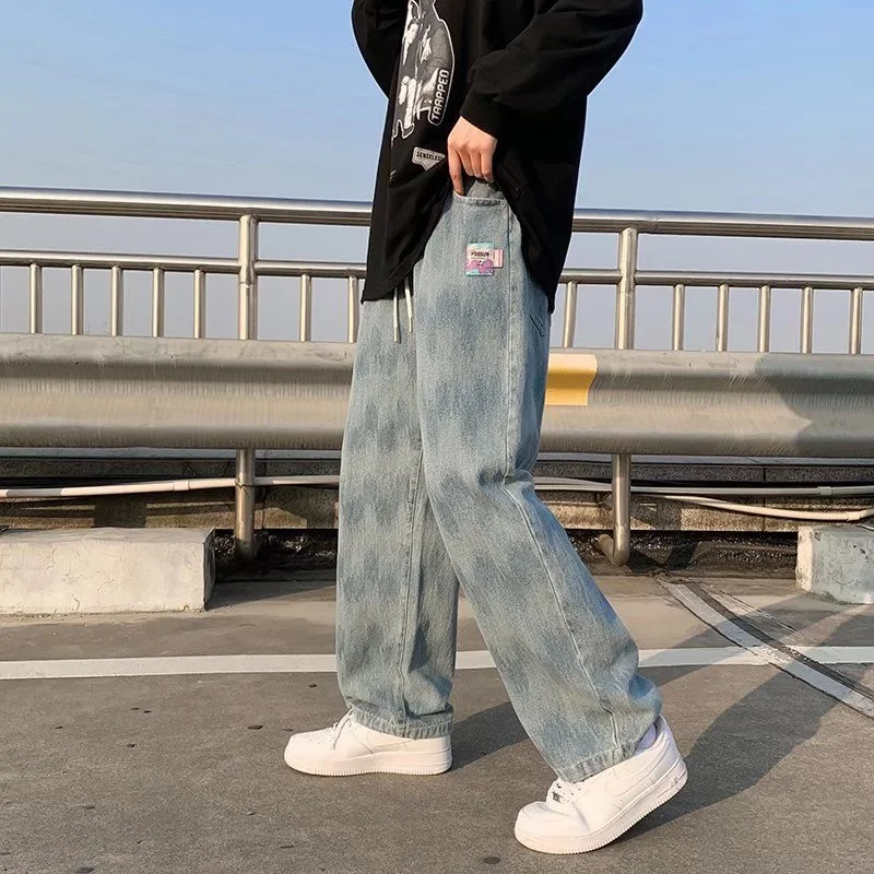 

Джинсовые прямые брюки с широкими штанинами, ярко-голубые Свободные повседневные универсальные трендовые эластичные джинсы, всесезонные джинсовые брюки на лето