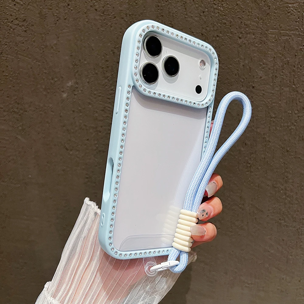 Фото Роскошный прозрачный чехол для телефона с бриллиантом и ремешком для iPhone 11, 12, 13, 14, 15, 16, 17 Pro Max, противоударный чехол с ремешком на запястье №1