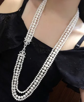 Hand knotted natural 3rows white freshwater pearl temperament micro inlay zircon clasp tassel necklace fashion jewelry32
