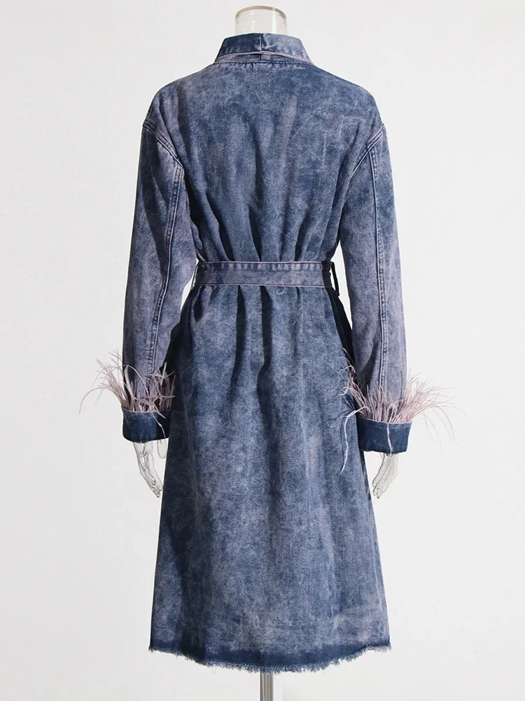 Женское джинсовое платье с перьями v-образным вырезом и длинными рукавами смесь