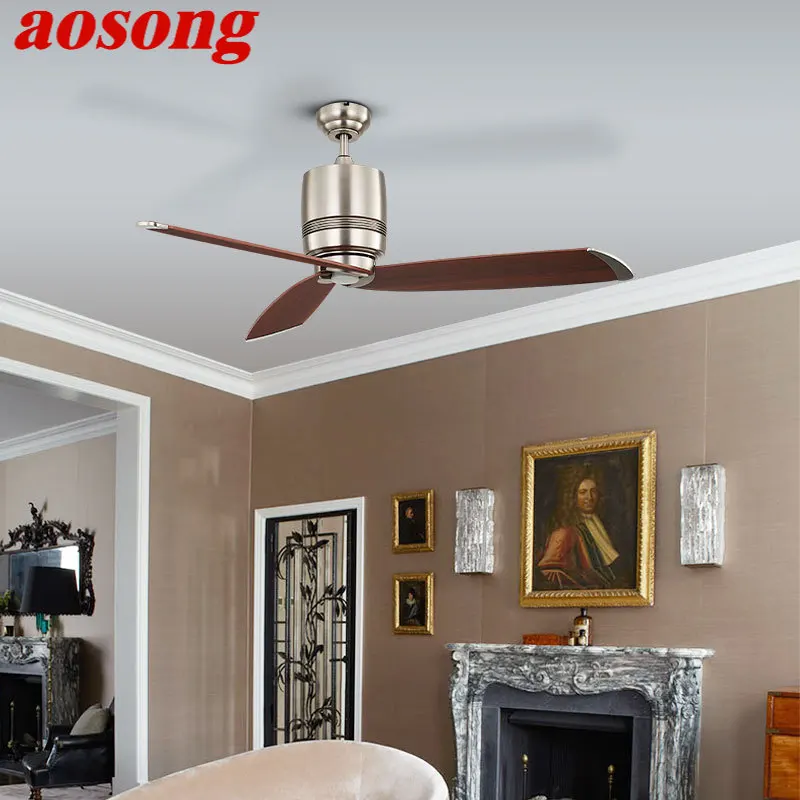 

AOSONG American Ceiling Fan Light Creative Vintage Wood LED Lamp With Remote Control 3 Colors for Home Bedroom Study Dining Room