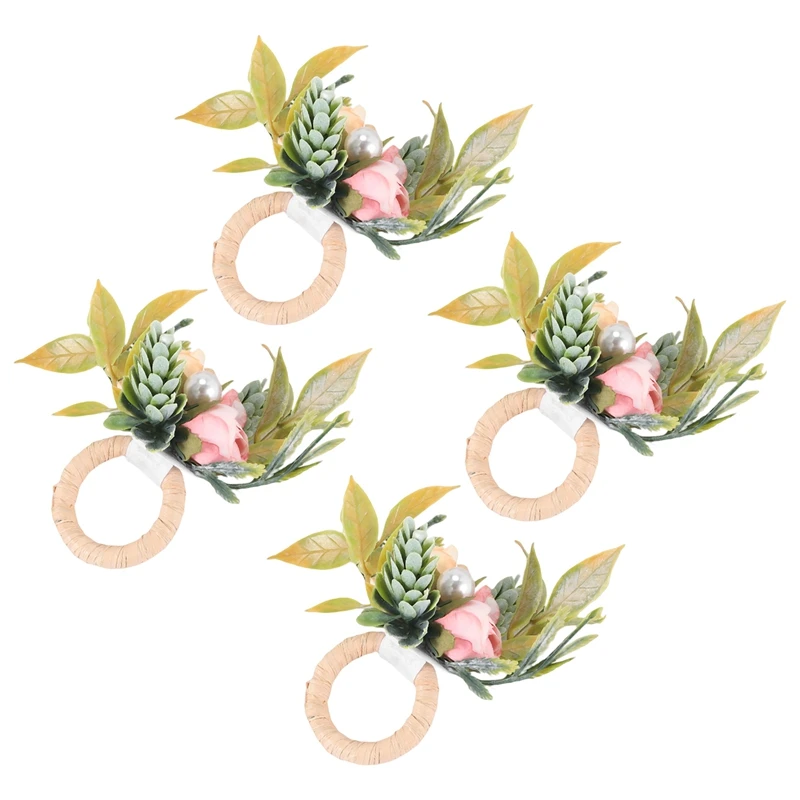

Double Rose Napkin Rings Set Of 4, Pink Flower Napkin Rings With Berries And Green Leaves Handmade Napkin Ring Holders