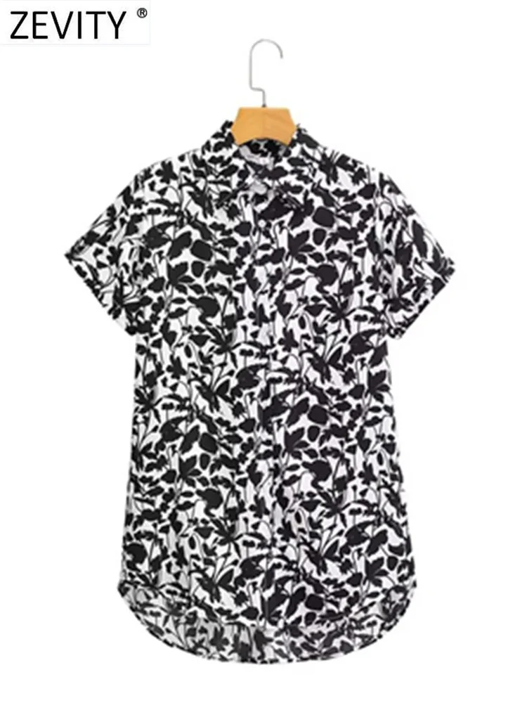 

Zevity Женская мода с черным принтом листьев Повседневная Свободная блузка женская шикарная рубашка с коротким рукавом Сорочка Блузки Топы ...