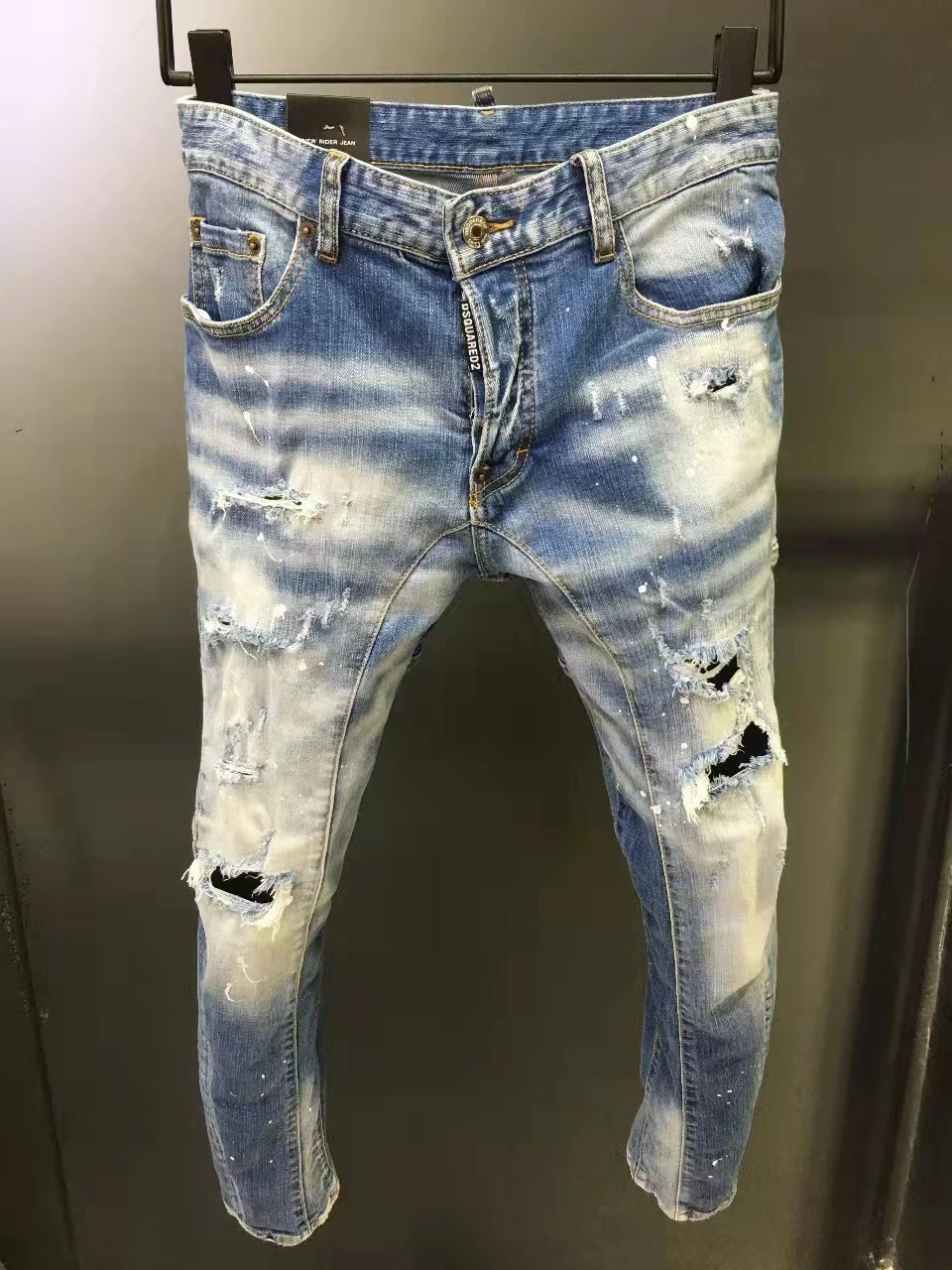 

Dsquared2 Women's/Men's Hole Ripped Ink Jet Do Old Scratched Fashion Pencil Pants Jeans Wreck cave denim jeans A220#