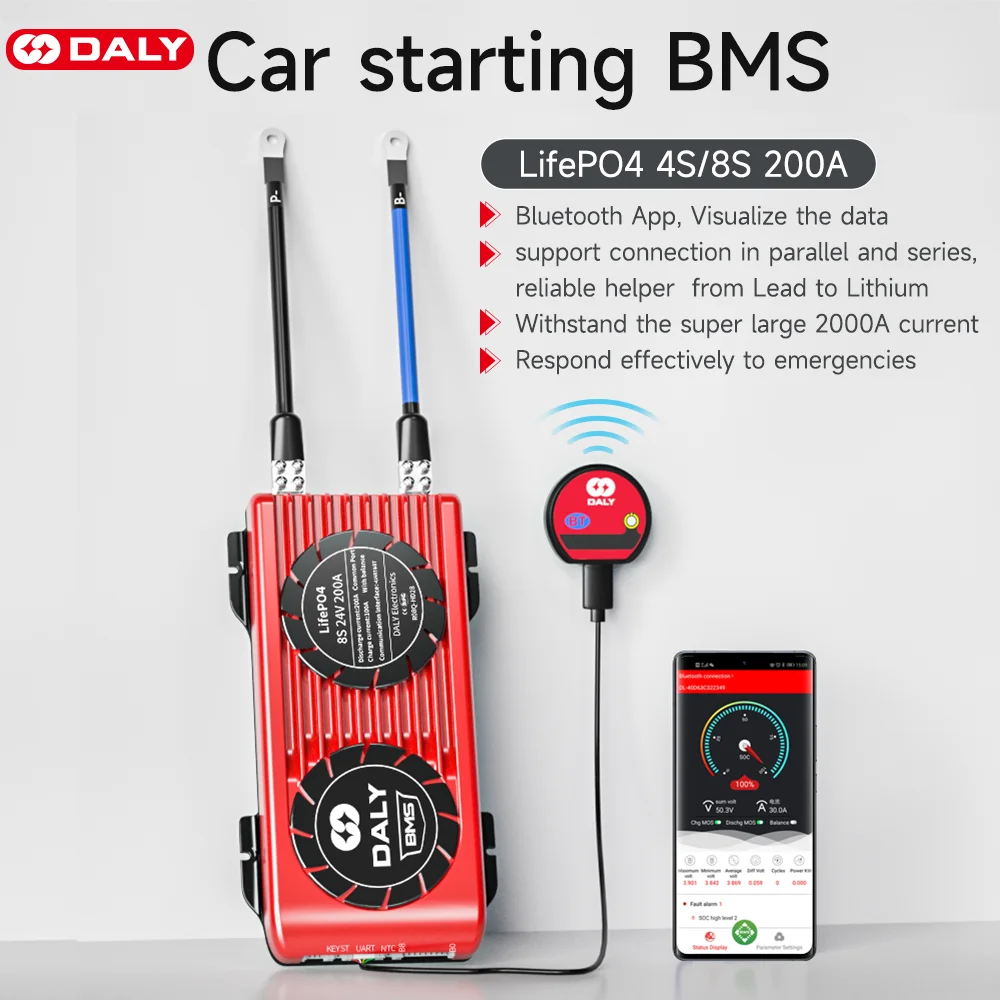 

Daly автомобильный стартер BMS Smart LifePO4 4S 8S 200A, плата 18650, аккумулятор с Bluetooth, интеллектуальное выравнивание, литий-железо