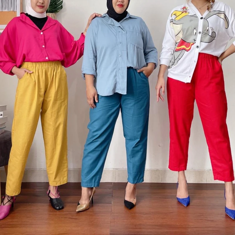 

Брюки женские повседневные из хлопка и льна, однотонные штаны-султанки до щиколотки с эластичным поясом, Модные капри в Корейском стиле, весна-лето