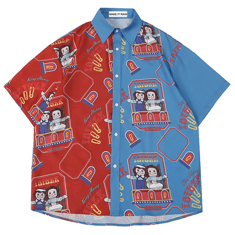 

Splicing Green Cartoon Printed Women Shirts Blouses Short Sleeve Korean Fashion Men Shirt Women Streetwear Top New Dropshipping
