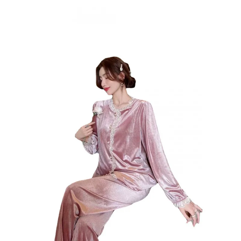 2023 Autumn New Pleuche Long Sleeve Trousers Home Wear Lace Fairy Style Solid Color Pajamas for Women.