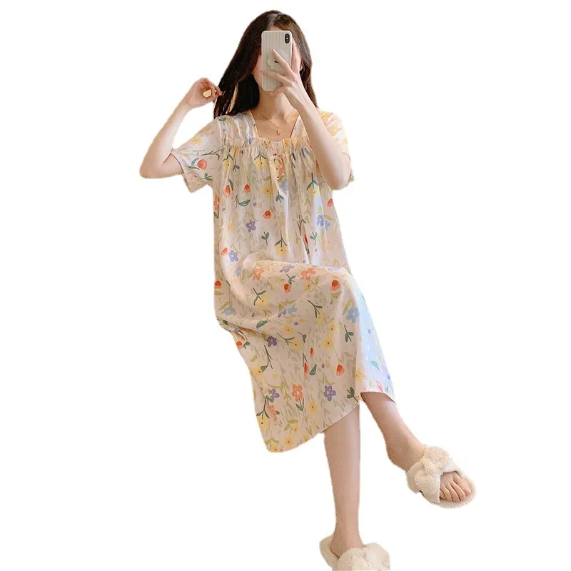 Short-sleeved Cotton Silk Nightdress Women's Spring and Autumn Summer Thin Section Pajamas Home Skirt Sweet Plus Size