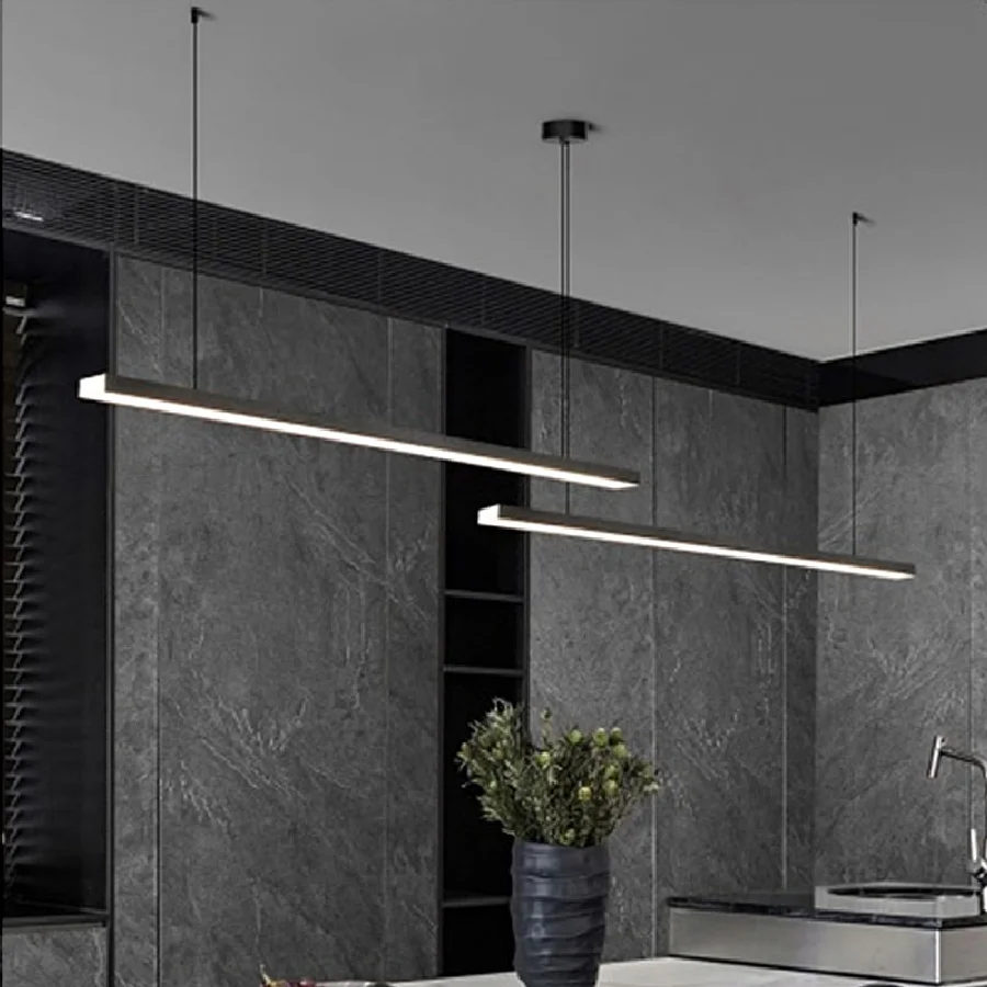 

Nordic minimalist style restaurant chandelier long strip aluminum oxide brushed dining table bar one word chandelier