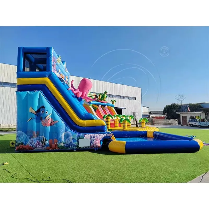 Фото Популярные надувные водные горки Octopus Aqua Park с отсоединяемым бассейном, красочные надувные батуты-горки для водных развлечений №4