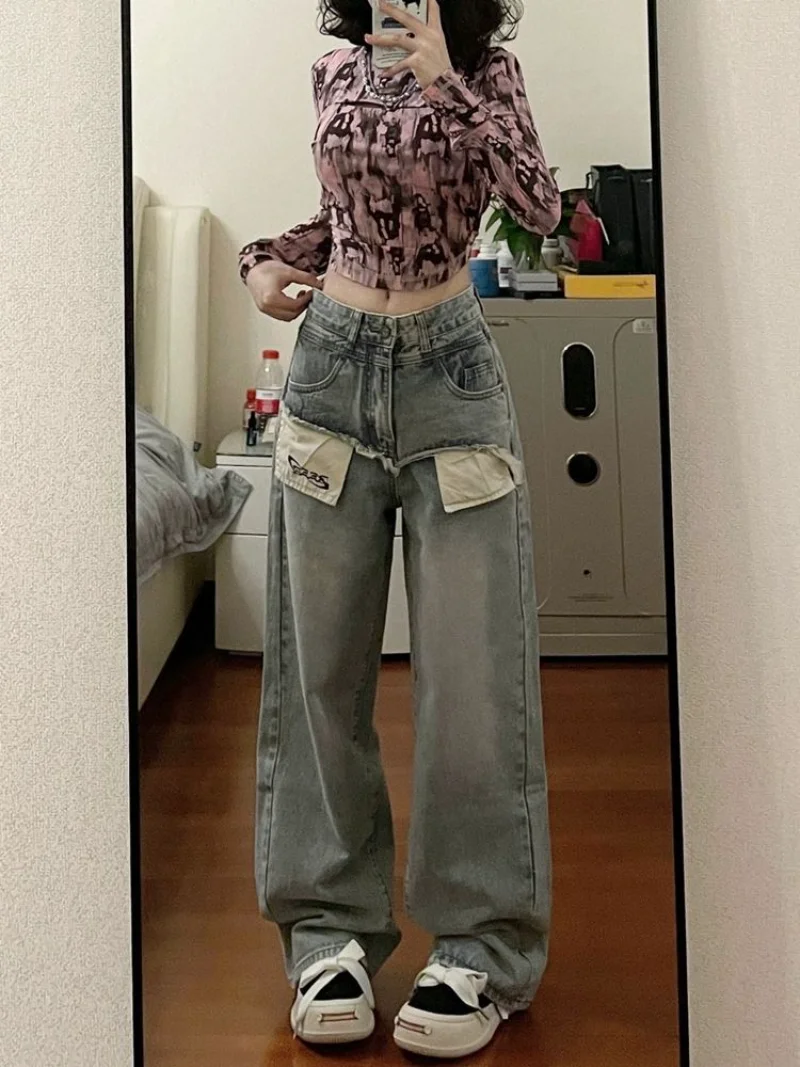 

Женские джинсы в американском уличном стиле, свободные джинсы составного кроя с высокой талией и широкими штанинами, Y2K, 2023