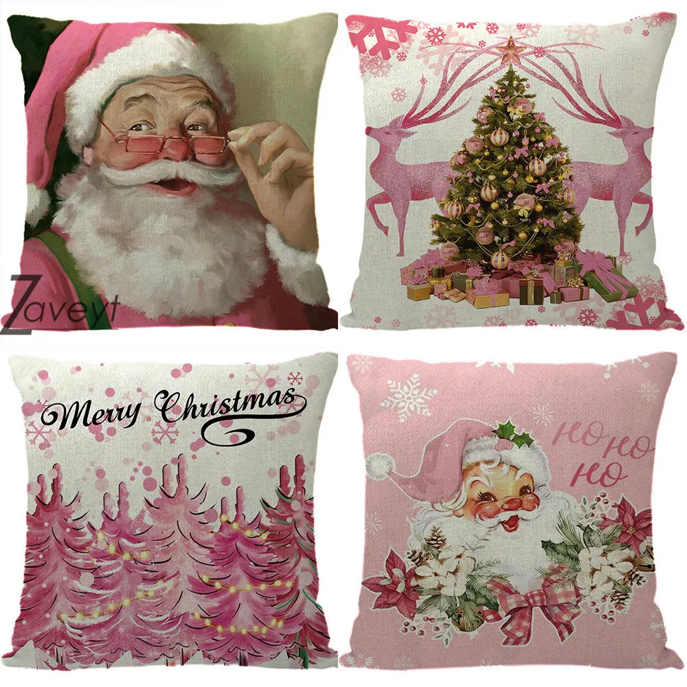 

Pink Funny Santa Claus Christmas Series Pillowcase Santa Tree Elk Festival Home Decor Sofa Linen Cushion Cover 40x40/45x45/50x50