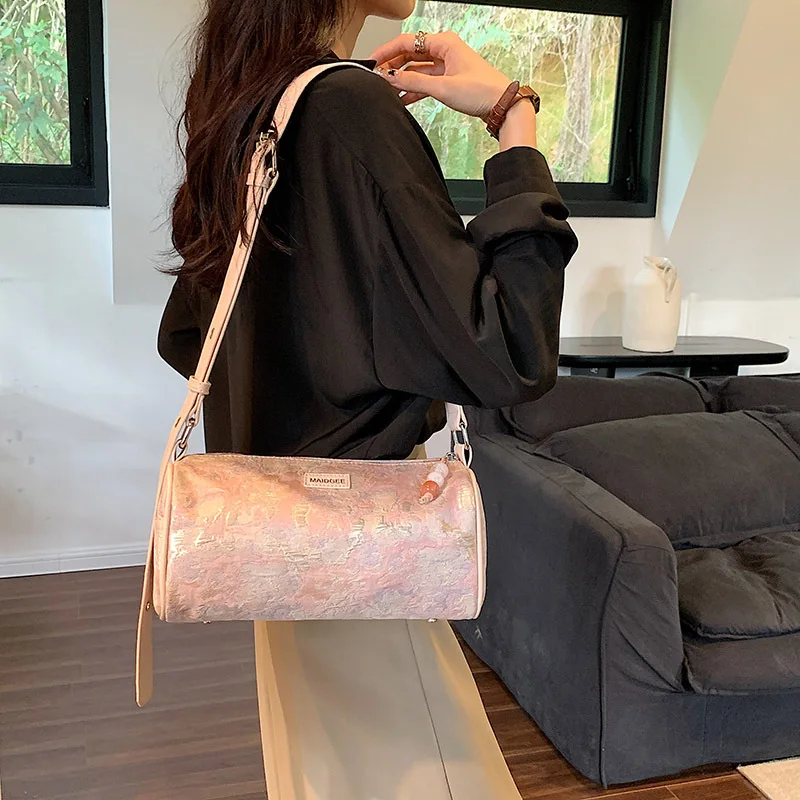 Colorful Printed Retro Bag Women's 3D Flower Pink Cylindrical Crossbody Bag Large Capacity Pillow Bag Fashion Storage Wallet