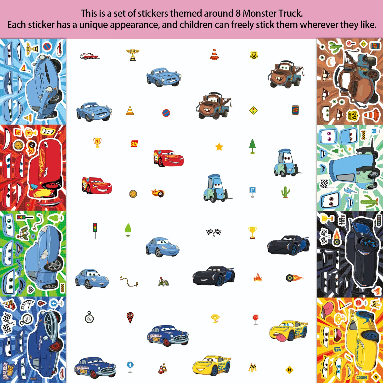 Фото Набор из 8/16 листов наклеек-пазлов с мультяшными персонажами Disney Cars: изысканные DIY-игрушки для скрапбукинга, дорожных сумок, эстетичные декоративные наклейки №2